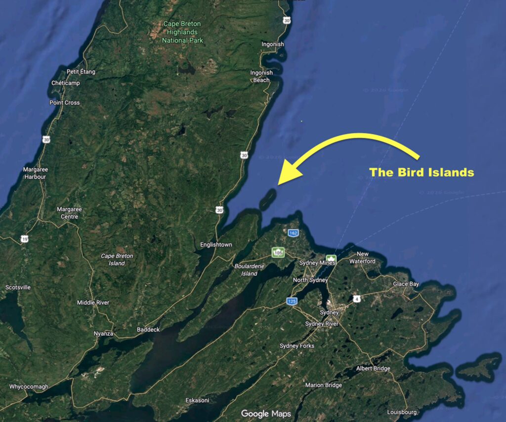 a map with the location of the Bird Islands relative to the rest of Cape Breton