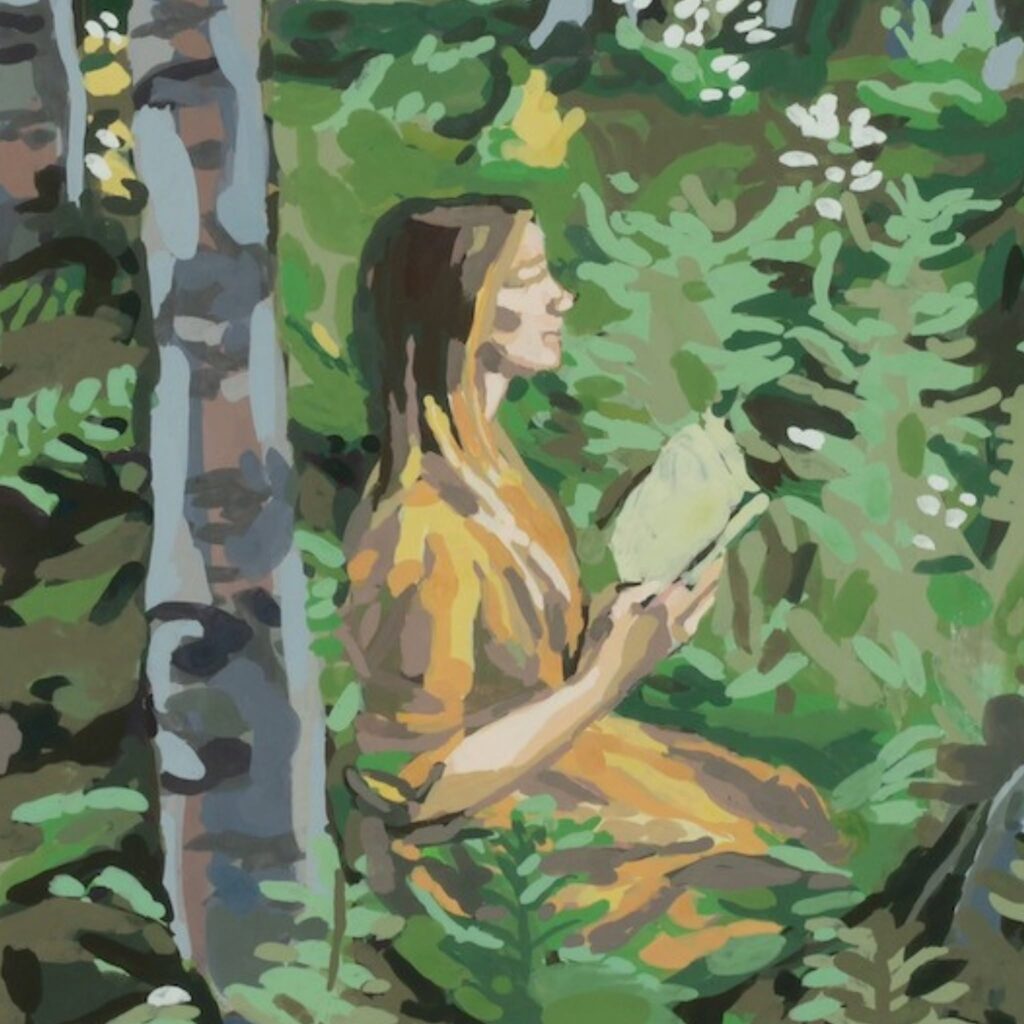 a painting of a woman in green foliage reading a book