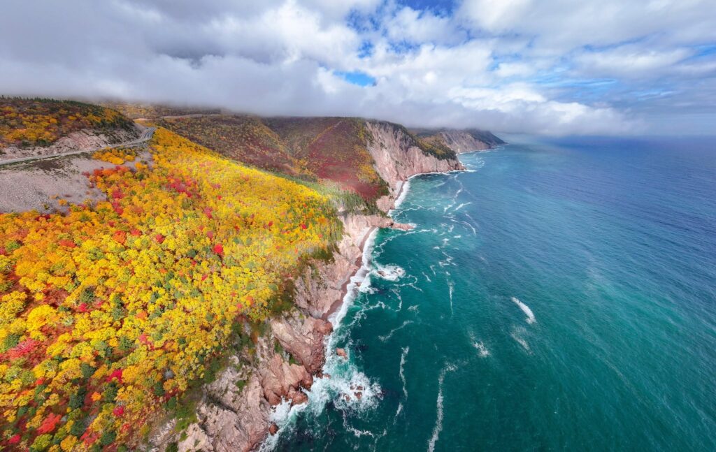 Aerial photo of Cape Smokey on the Cabot Trail in fall